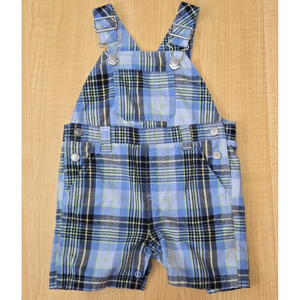 Vtg 2006 Gymboree Blue Plaid Baby Boy Overalls Shortalls 6-12 Months 100% Cotton